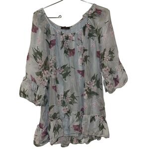Lola Made in Italy Blue Floral Silk Ruffle Tunic Top 3/4 Sleeve Lined L/XL